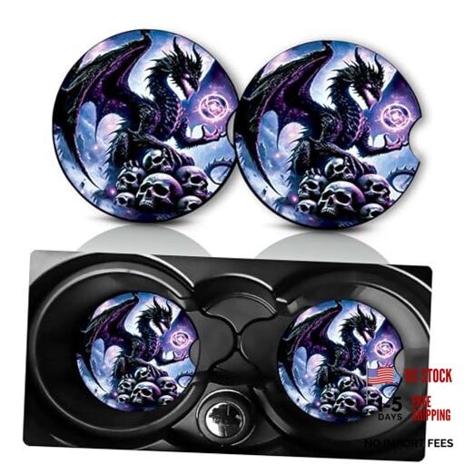 2 Pack Car Cup Holder Coasters 2.75″ Universal Size Anti Slip Dragon and Skulls