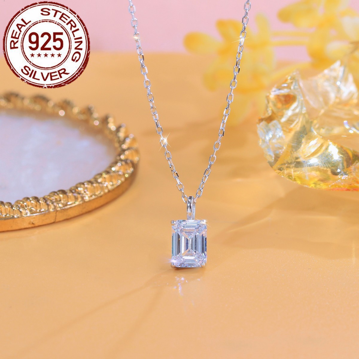 925 Sterling Silver Cubic Zirconia CZ Asscher Cut Pendant Necklace Jewelry