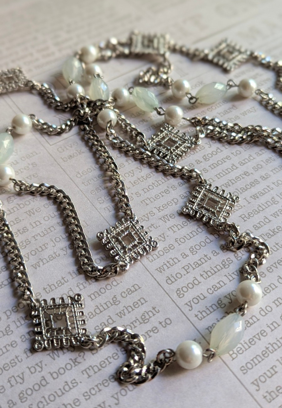 Silver Tone 2 Strand Long Necklace Faux Pearl White Beads Geometric Station 32″