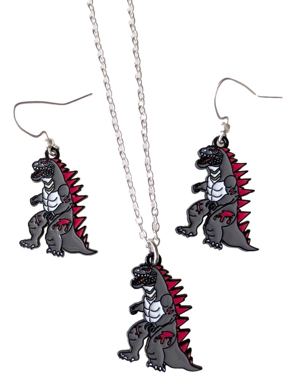 Godzilla Monster 1.25″ Tall Metal Enamel Earrings & Pendant Necklace Set