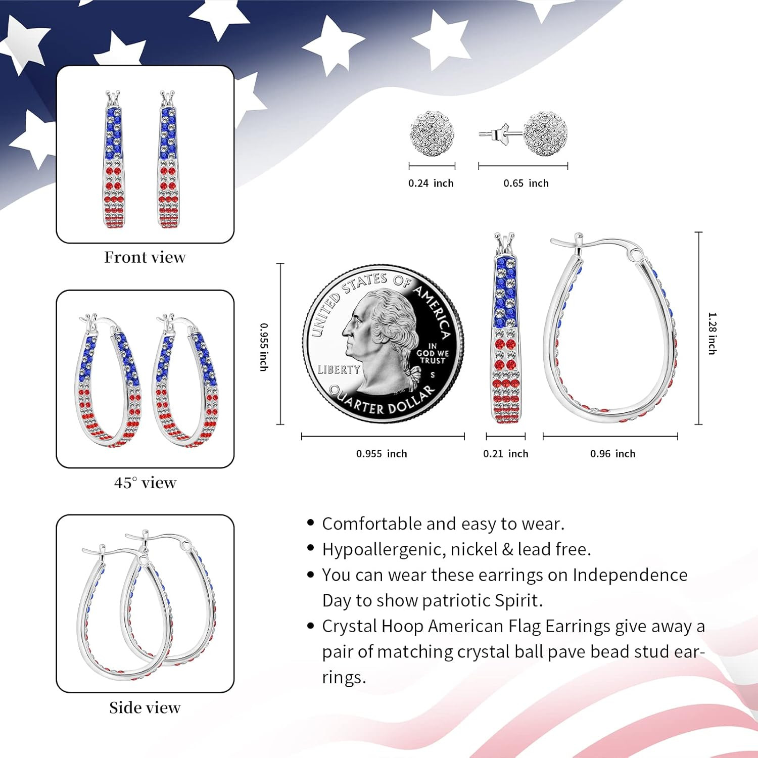 Crystal Hoop Earrings for Women Sparkly American Flag Earrings Silver Plated Red
