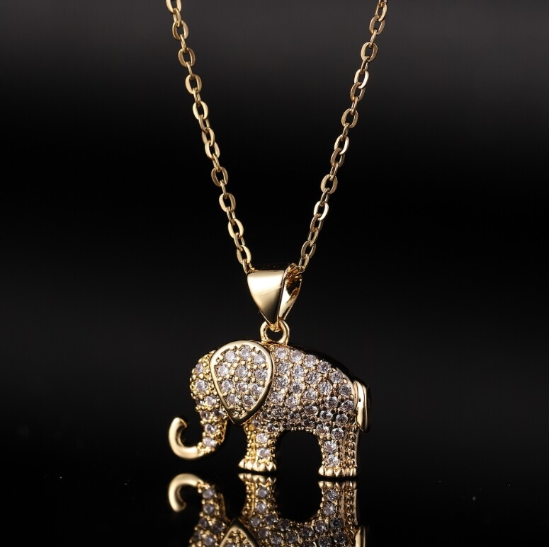 Gold Titanium Elephant Pave Multicolor CZ Pendant Chain Necklace