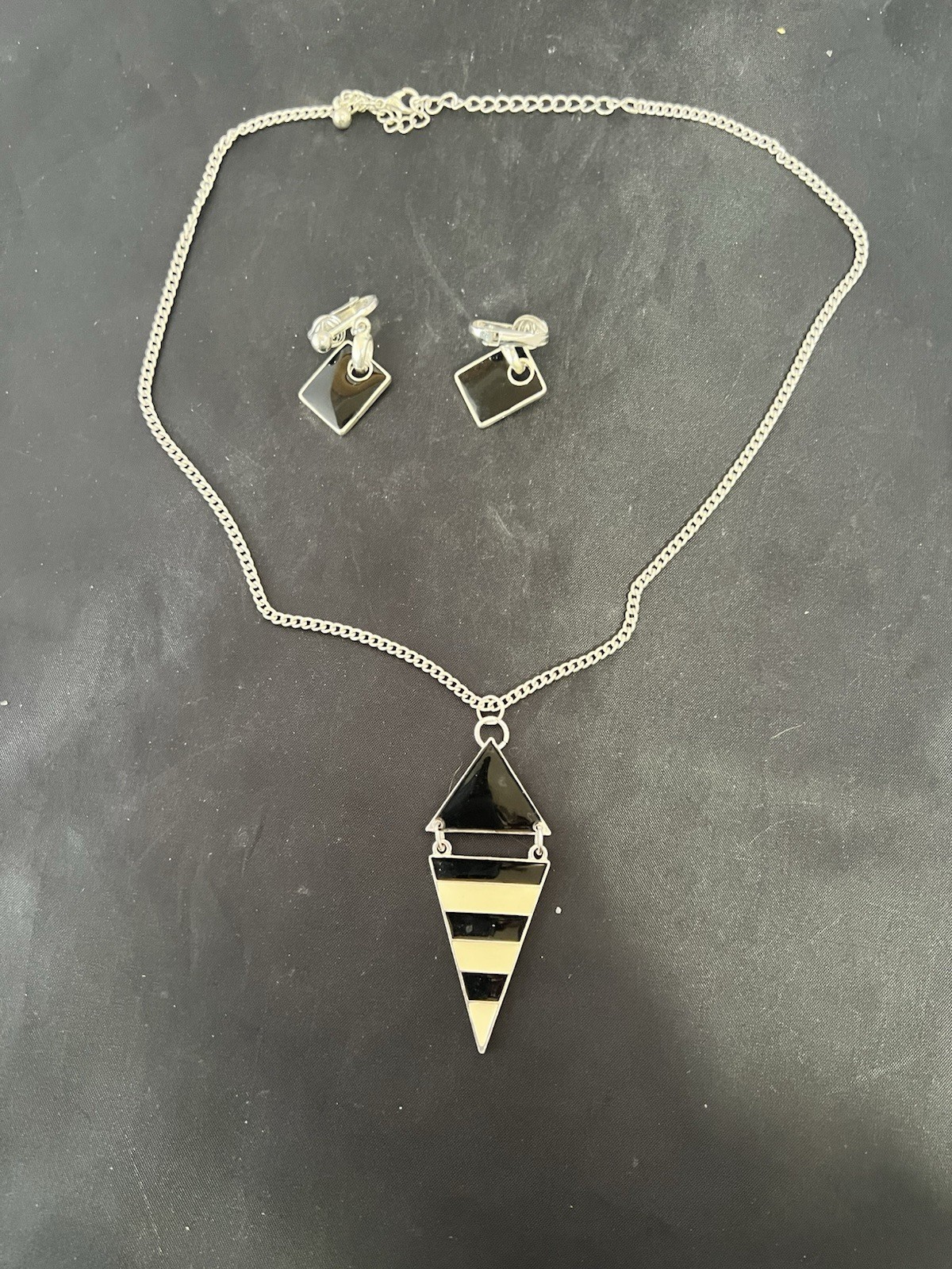 Black & Ivory Geometric Pendant Necklace Set Silver Tone Clip Earrings
