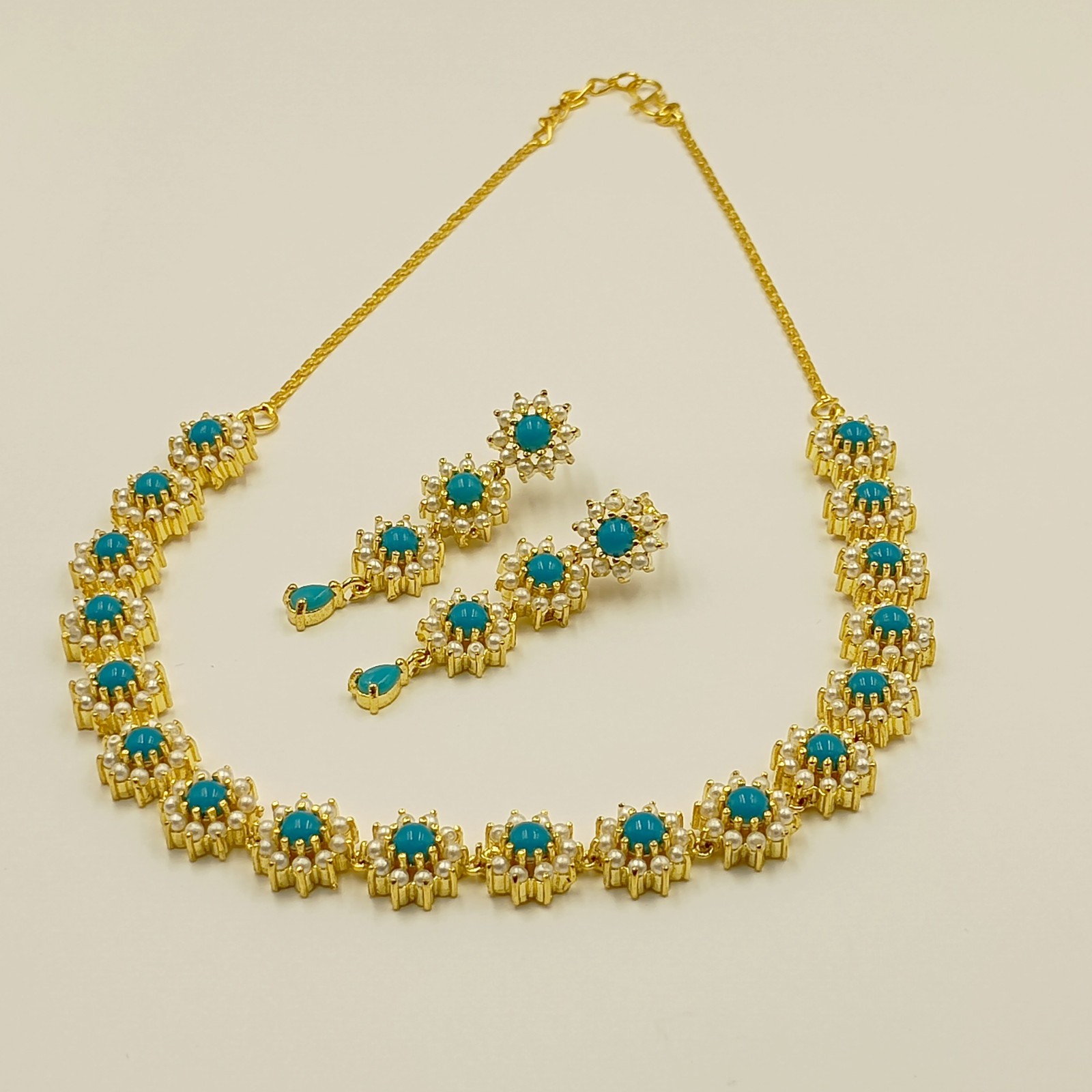 Bohemian Turquoise Pearl Necklace Set 22k Gold Plated Wedding Party Jewelry Gift