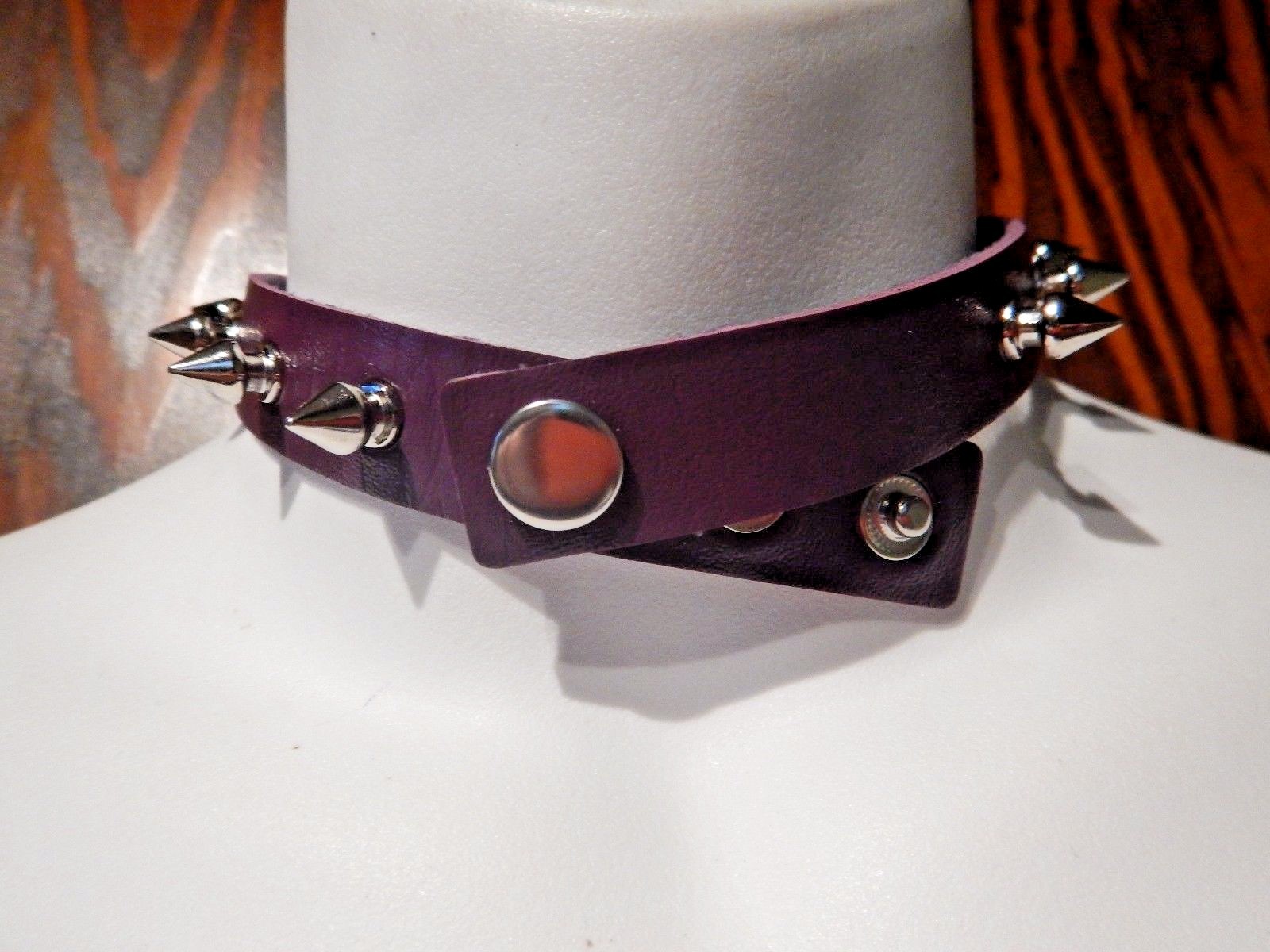 PURPLE SPIKED HEART RING COLLAR steel rivet stud choker punk necklace vinyl Z2