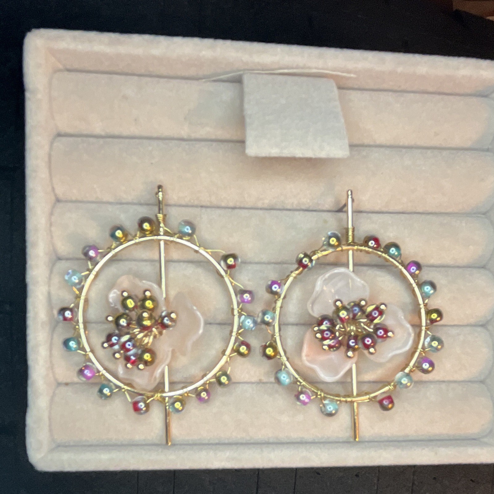 Gold Tone Hoop/Stud Earrings Multicolor Beads Pink Flower Post Closure Lobe