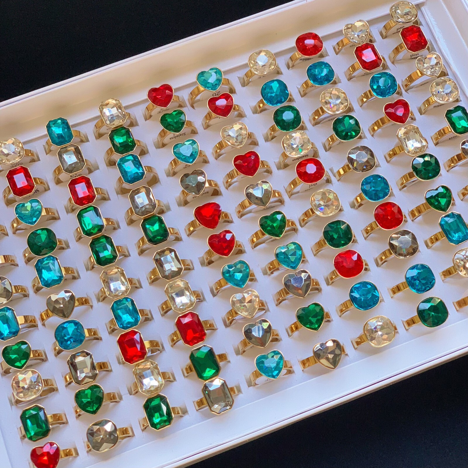 30pcs Colorful Crystal Zircon Wedding Rings Mix Women Gold Plated Party Jewelry