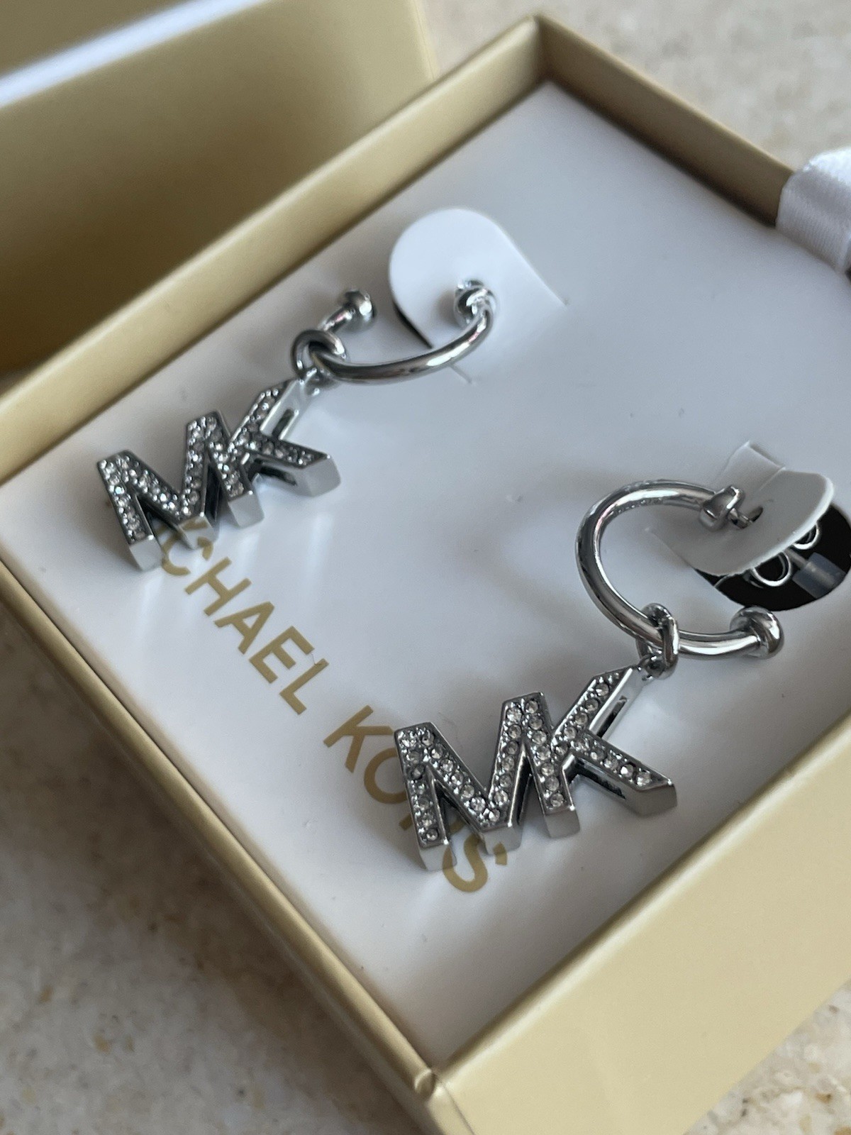 Michael KORS Silver Tone MK Logo Dangle Earrings w/Crystals NEW MKJX8008040