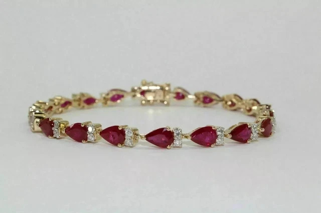 7″ Real 925 Silver Tennis Bracelet Pear Cut Simulated Ruby Yellow Gold Plated