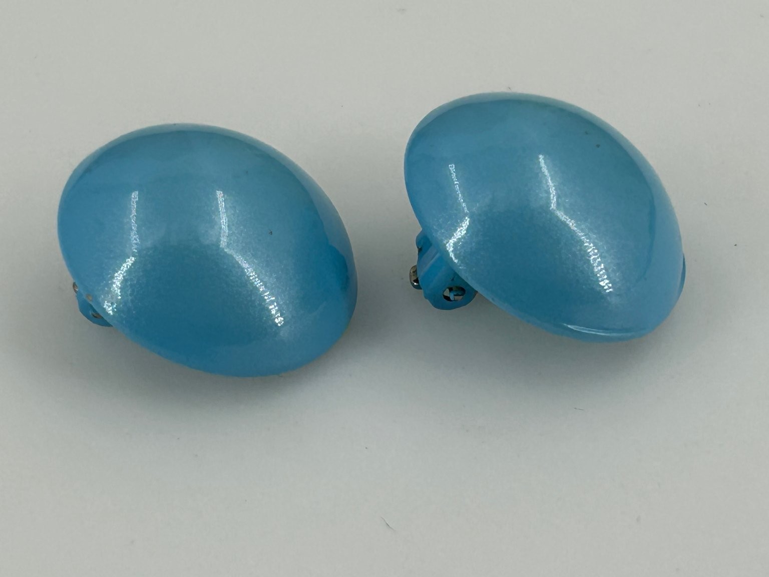 Vintage Blue Enamel Dome Button Clip On Earrings 1 Inch Round Metal