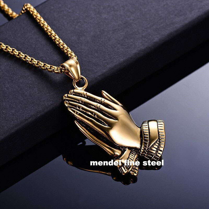 MENDEL Stainless Steel Gold Plated Hip Hop Prayer Praying Hands Pendant Necklace