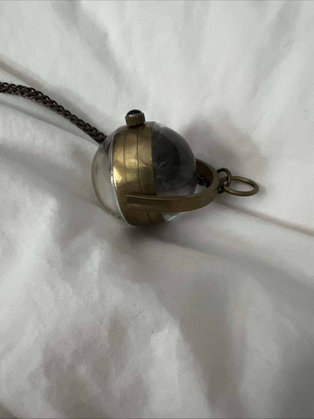 Rare Vintage Necklace Watch Clock Gears Steampunk Heavy Brass Glass Ball Orb