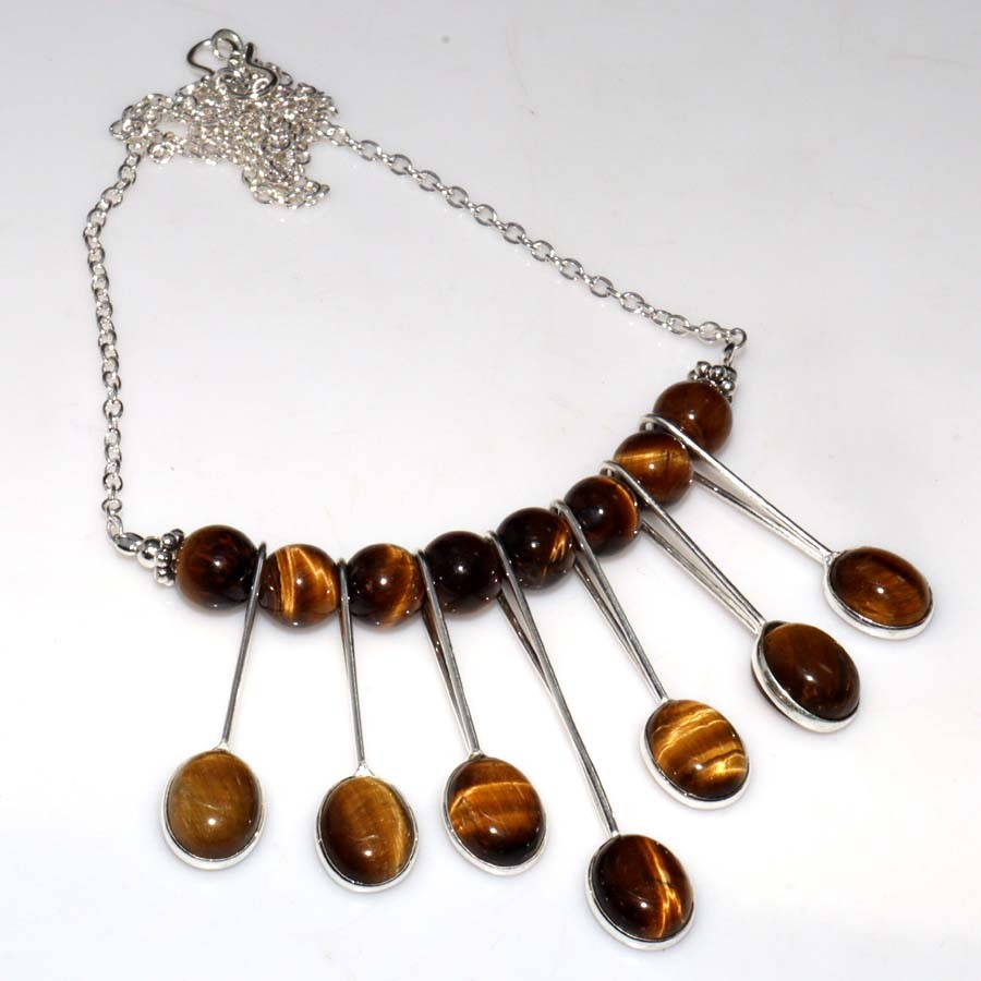 925 Silver Plated Cluster Beaded Tiger Eye Necklace 19″ Best Seller Gift GW