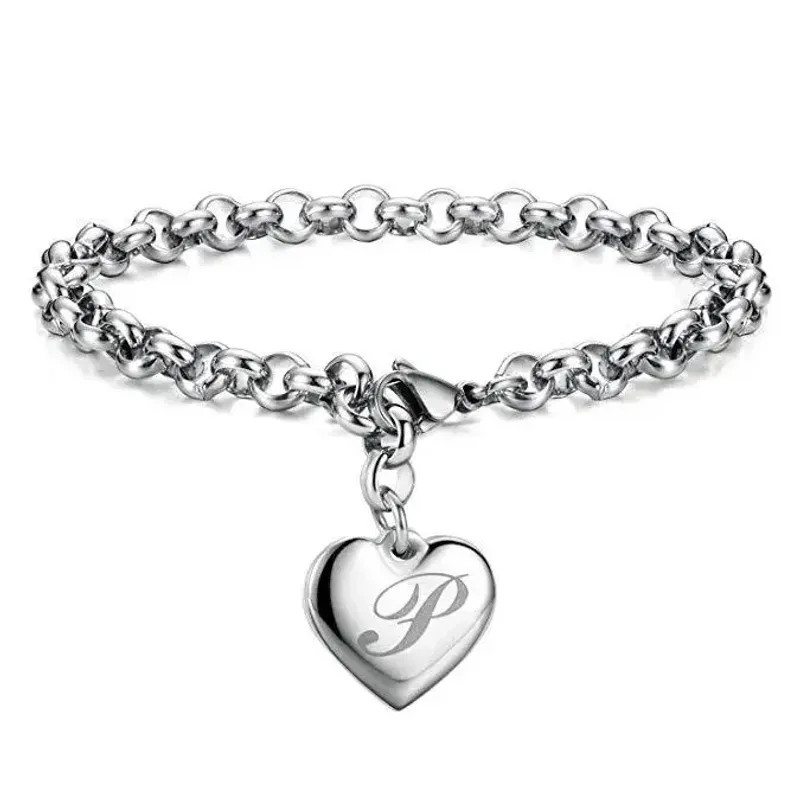 925 Sterling Silver Jewelry A-Z Letter Trinket Heart Bracelet –