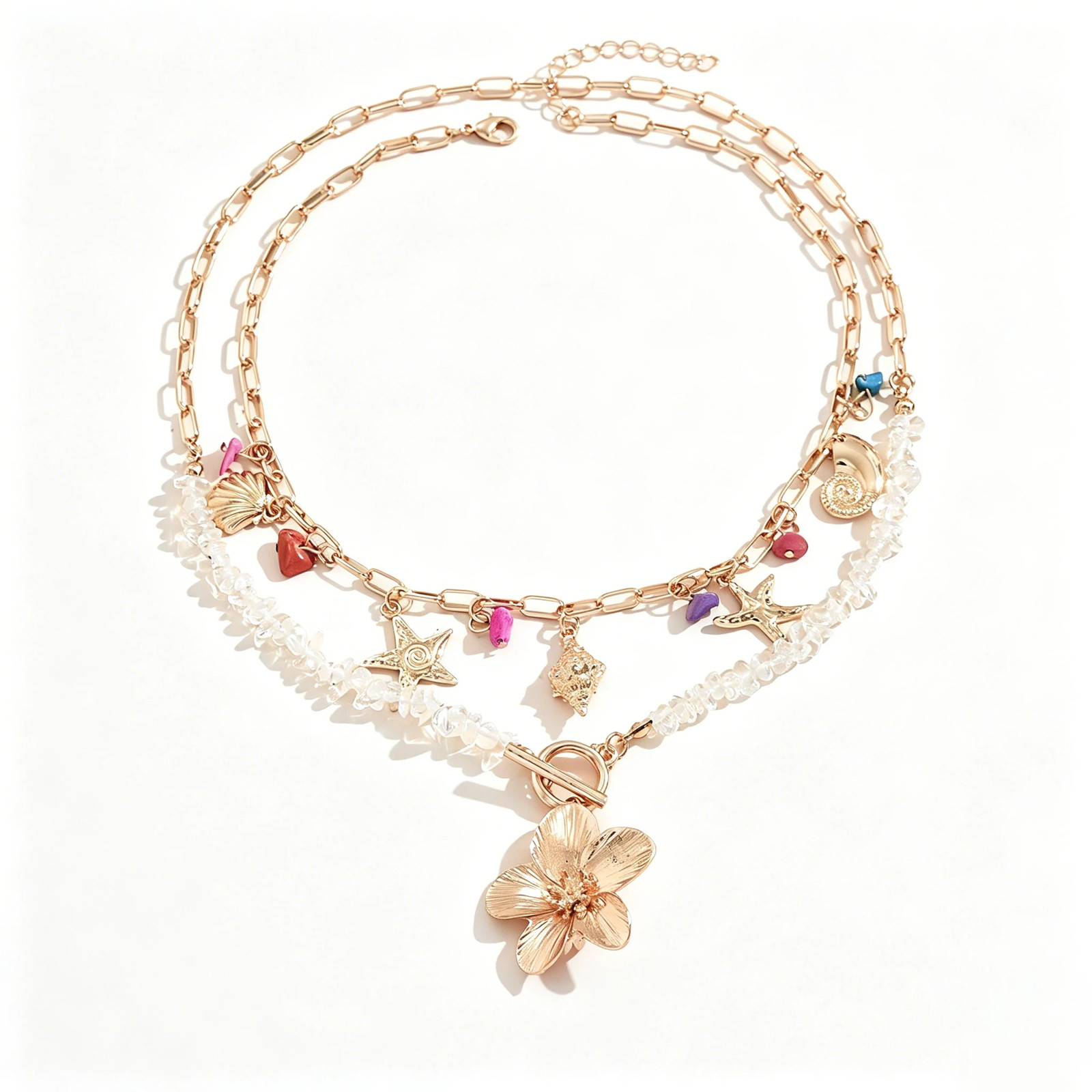 Summer Beach Boho Necklace Starfish Shell Pendant Layered OT Buckle Choker for W