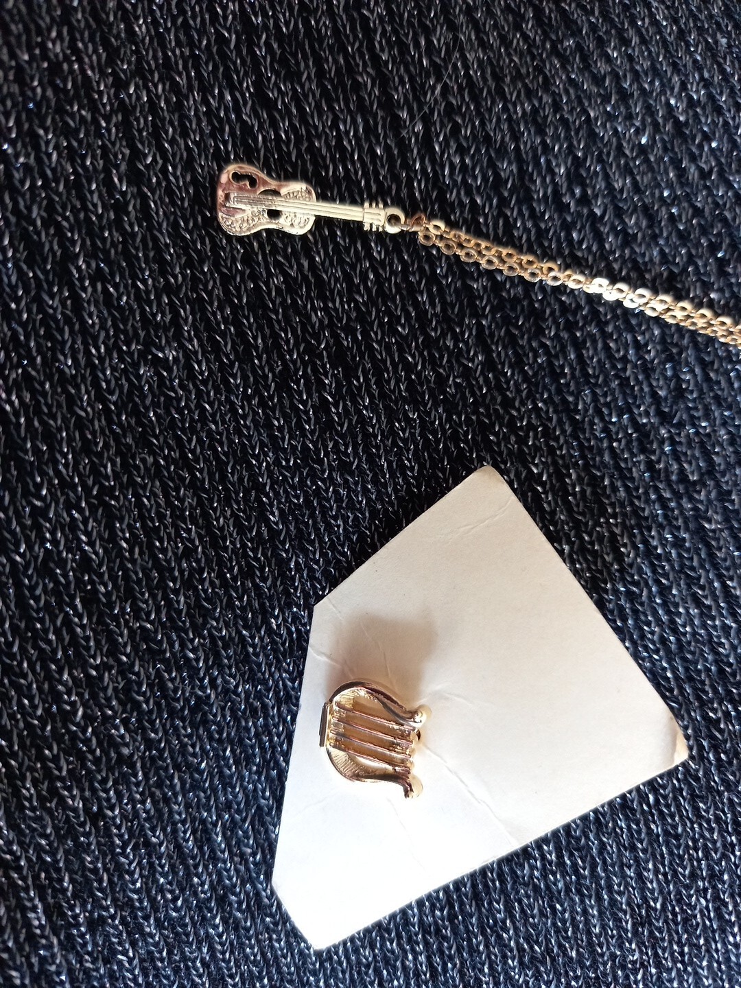 Guitar pendant necklace and Harp Pin Gold Toned