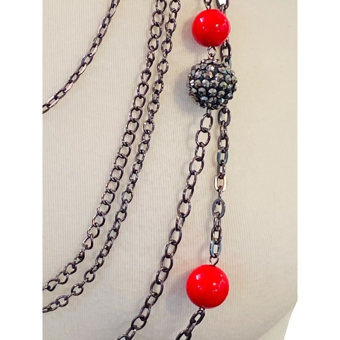 Pewter Color Layered Look Necklace Red Bead Lobster Clasp 27″ Long