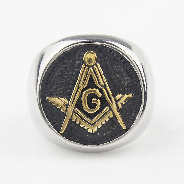 Mens Gold Plated Embossed Stamped Freemason Masonic Stainless Steel Biker Ring