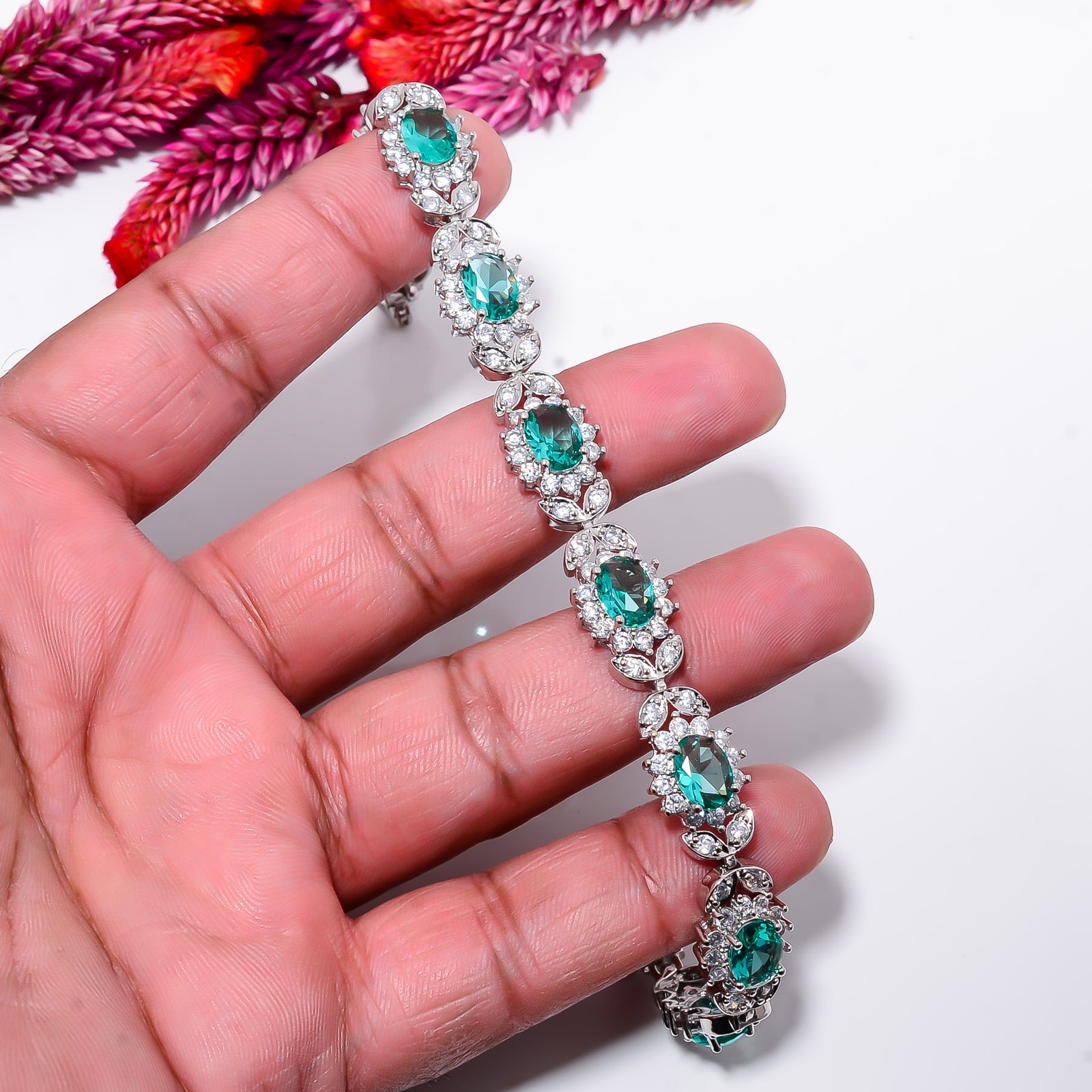 Paraiba Tourmaline, CZ 925 Sterling Silver Tennis Bracelet B129067