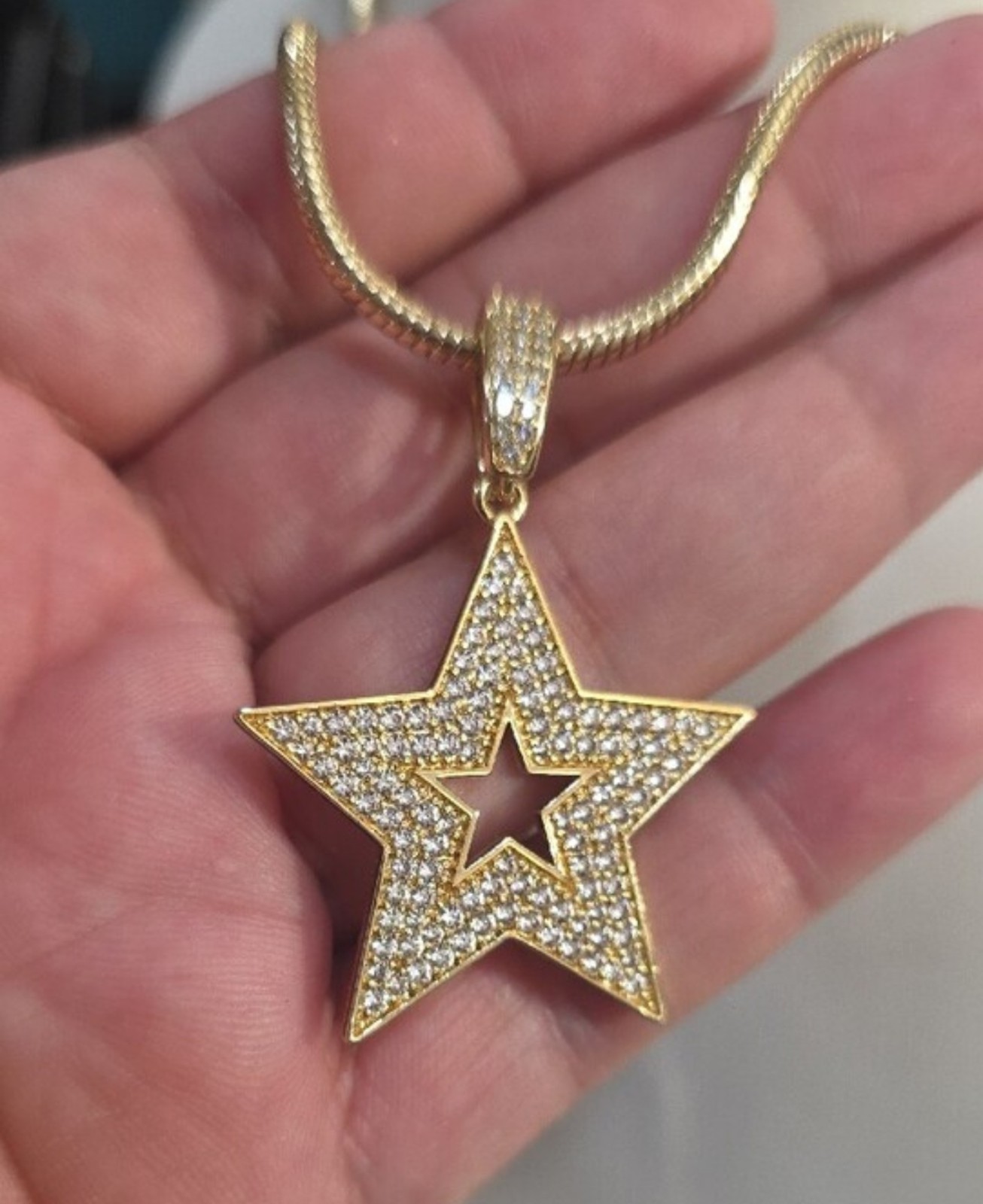 14K Gold Plated Snake Chain Necklace w/ Pavé Rhinestone Star Charm Pendant