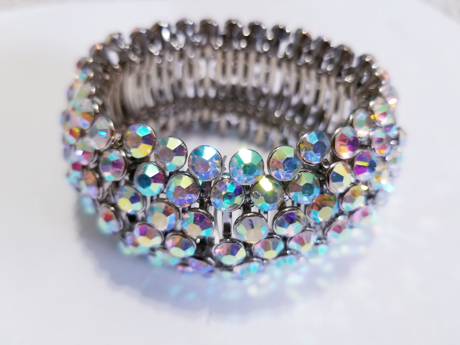Iridescent Silver Rhinestone Stretch Bracelet Crystal Pageant Prom Drag Jewelry