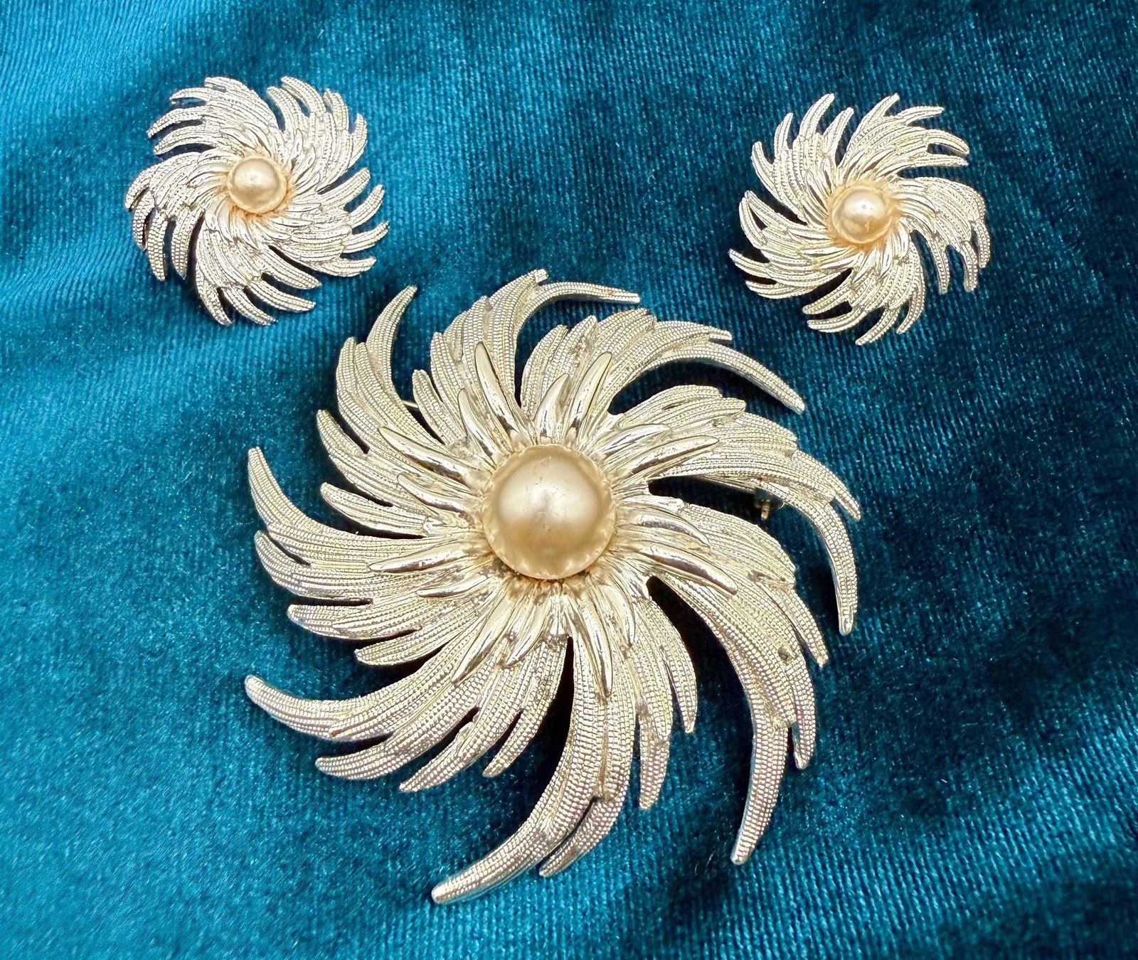 Signed Sarah Coventry Brooch Earrings Set, Silver Swirl Flower, Faux Pearl, Mid