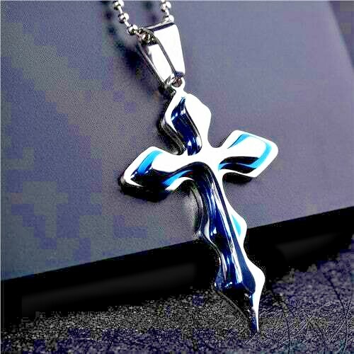 Pendant; Titanium Flame Cross Blue & Silver Color Rhodium Plated Ball Chain NEW