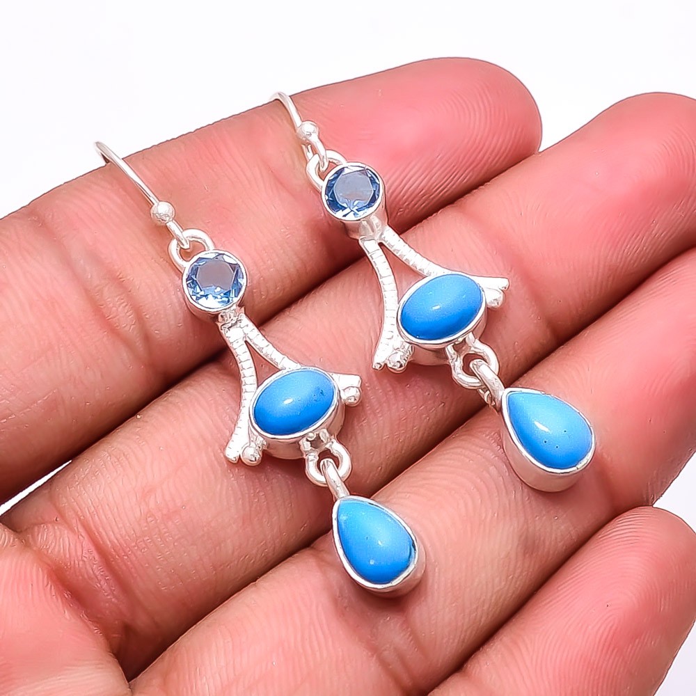 Sleeping Beauty Turquoise Multi Collet 925 Sterling Silver Earring 2.03″ E30