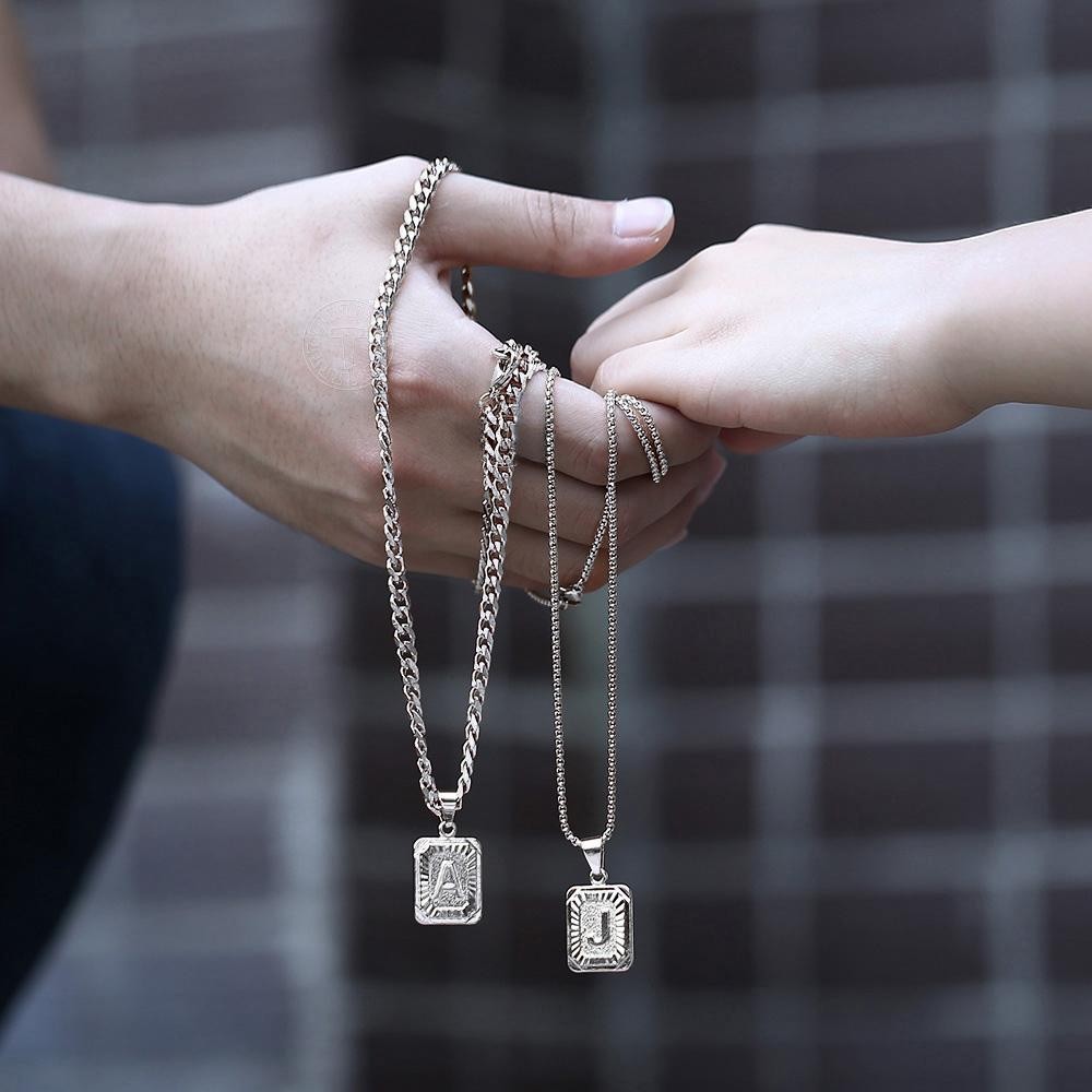 Stainless Steel Initial Necklace Square Name Letter A-Z Pendant W/Cuban Chain