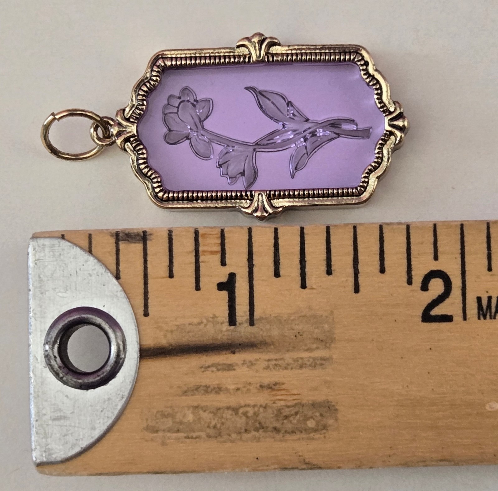 Purple Flower Etched Pendant Lavender Floral Gold Frame Victorian Design Gift