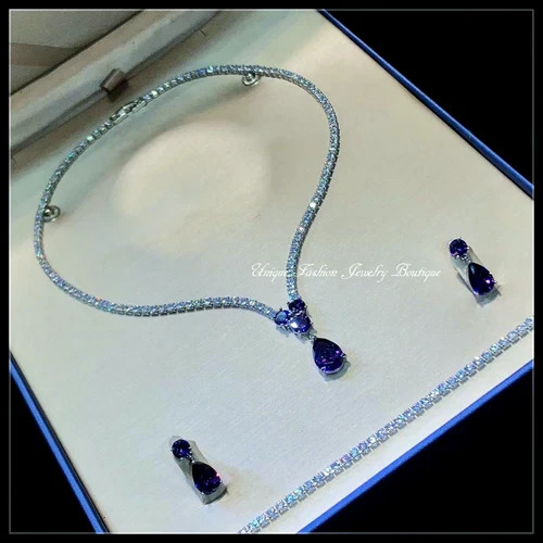 18k White Gold Filled Purple Amethyst Tennis Necklace Earrings Set Elegant Gift