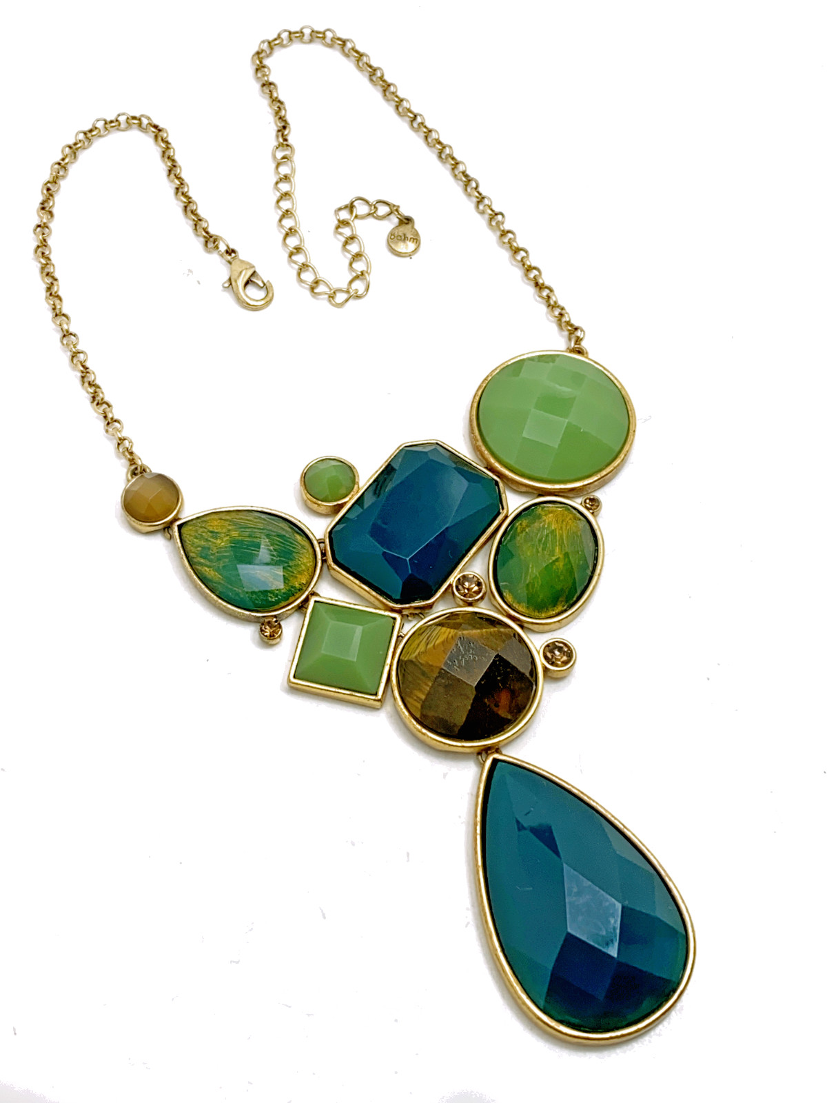 Colorful Bold Statement Necklace BOHM Faceted Glass Teal Blue Green Brown
