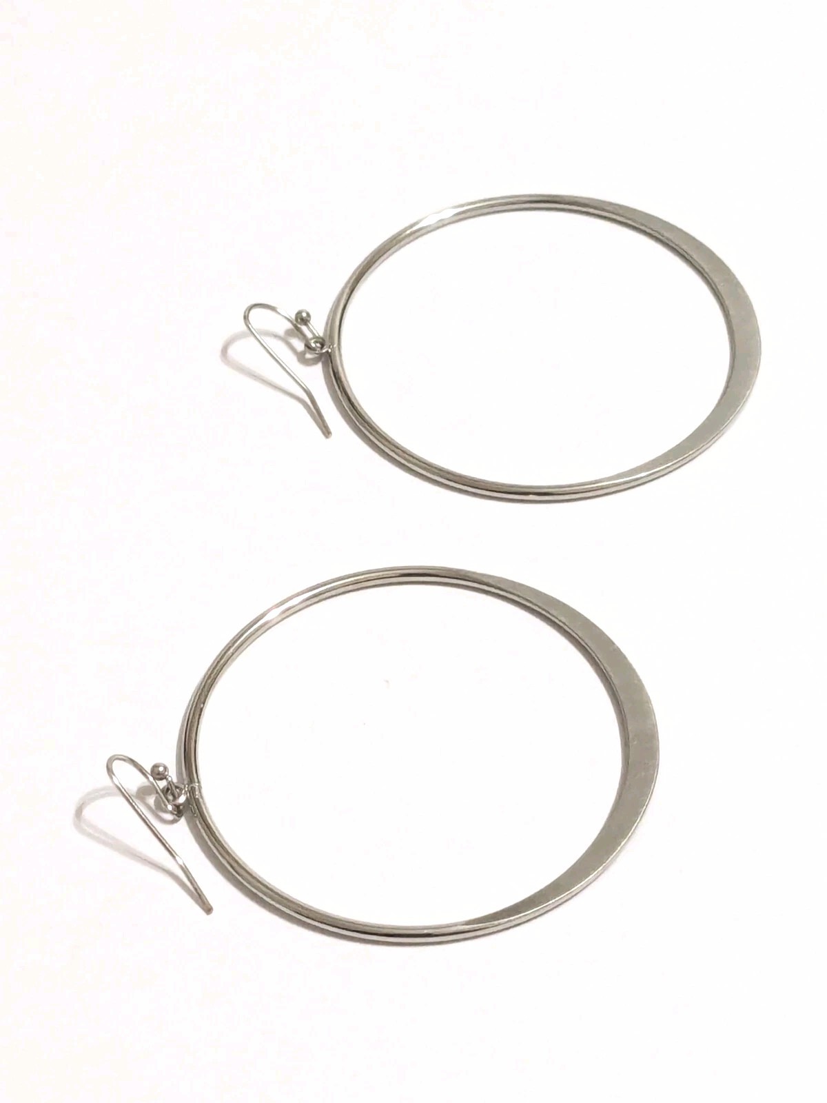 Silver Tone Hoop Hook Dangle Flat Edge Earrings. Modern. 2 1/4″.
