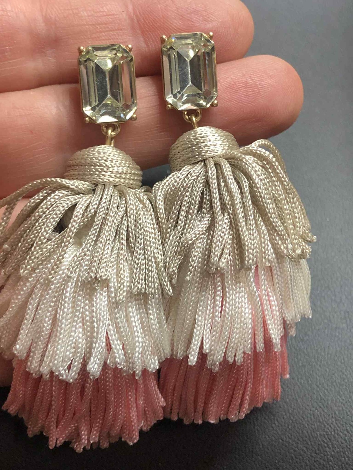 6630 J.Crew Pink white gray tassel fringe tiered Rhinestone Long dangle earrings