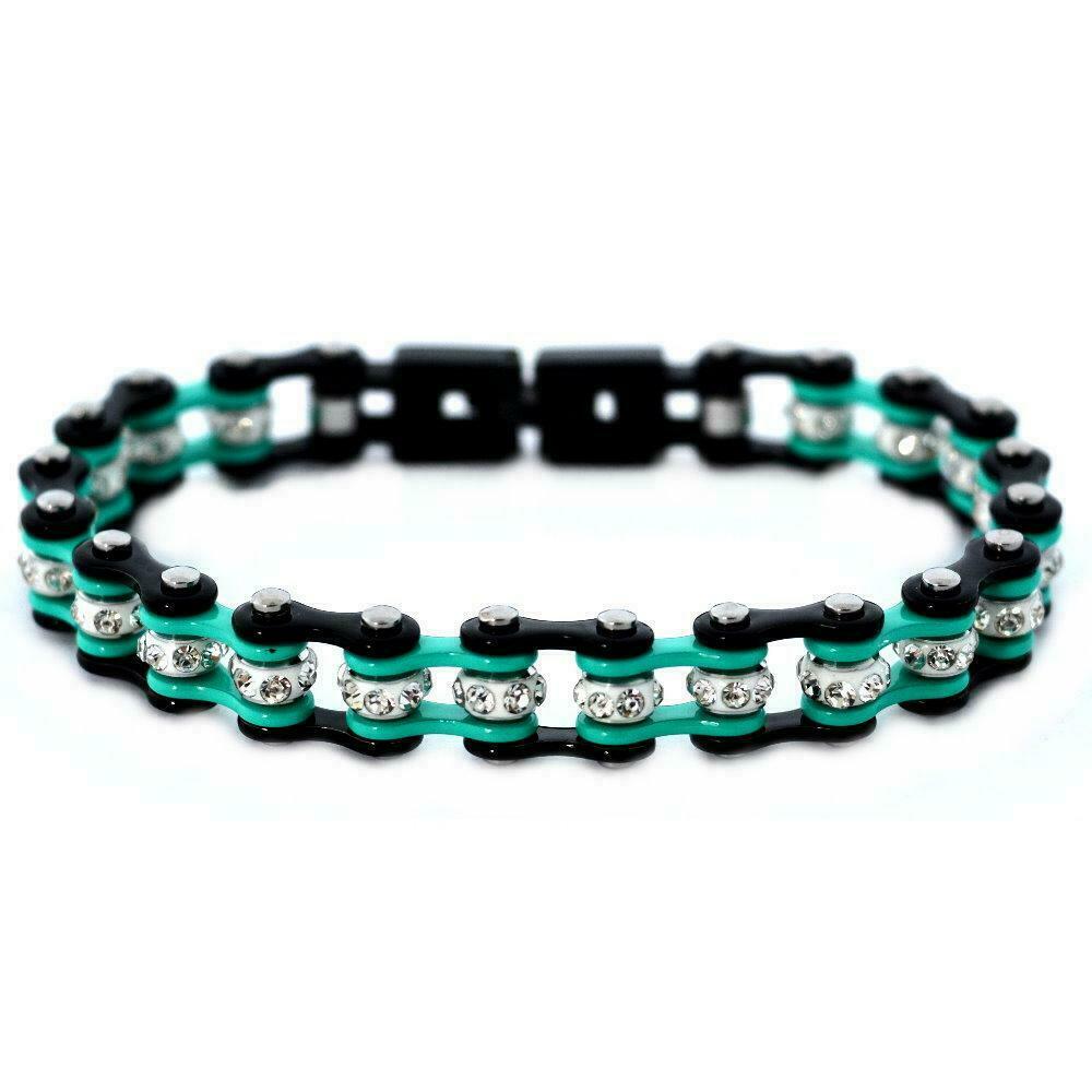 Black & Aquamarine Mini Stainless Steel Bike Chain Bracelet 148