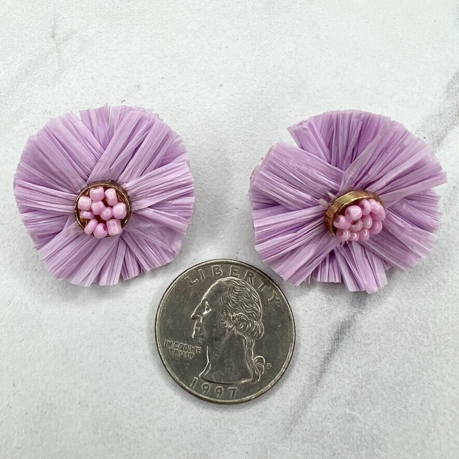 Purple Beaded Straw Flower Post Stud Earrings Pierced Pair