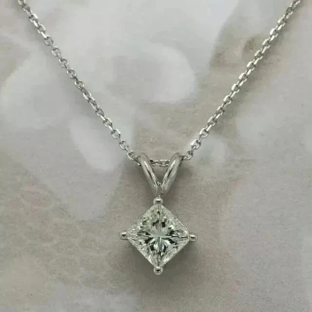 2CT Princess Cut Lab Created Diamond 14k White Gold Plated Solitaire Pendant