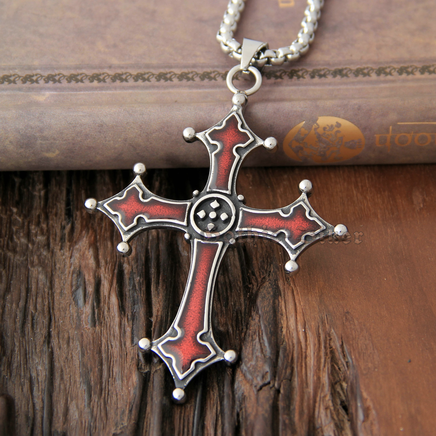 Men’s Gothic Bloody Red Enamel Solid 316L Stainless Steel Cross Necklace Pendant