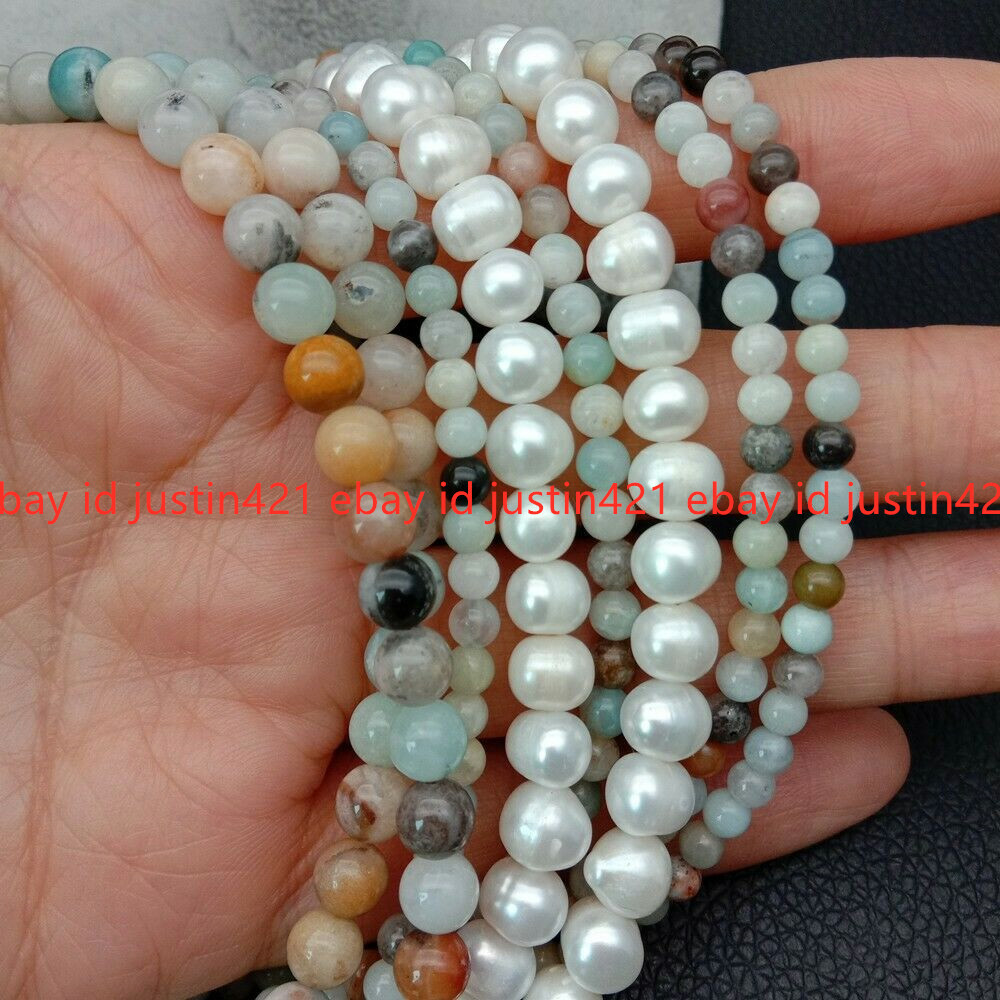 8 Rows 4mm 6mm Multicolor Amazonite 7-8mm White Pearl Necklace 19-23”