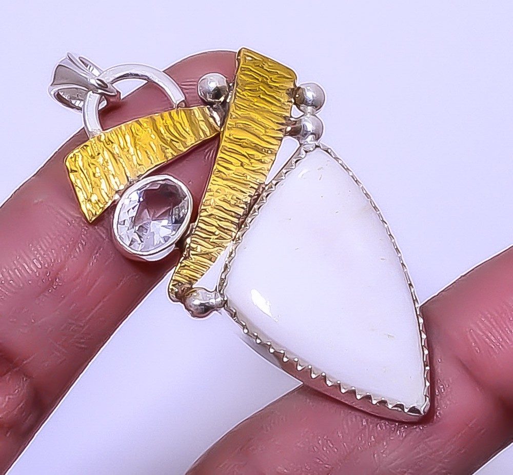 White Scolecite – India Gemstone 925 Sterling Silver Two Tone Pendant 2.34″ A317