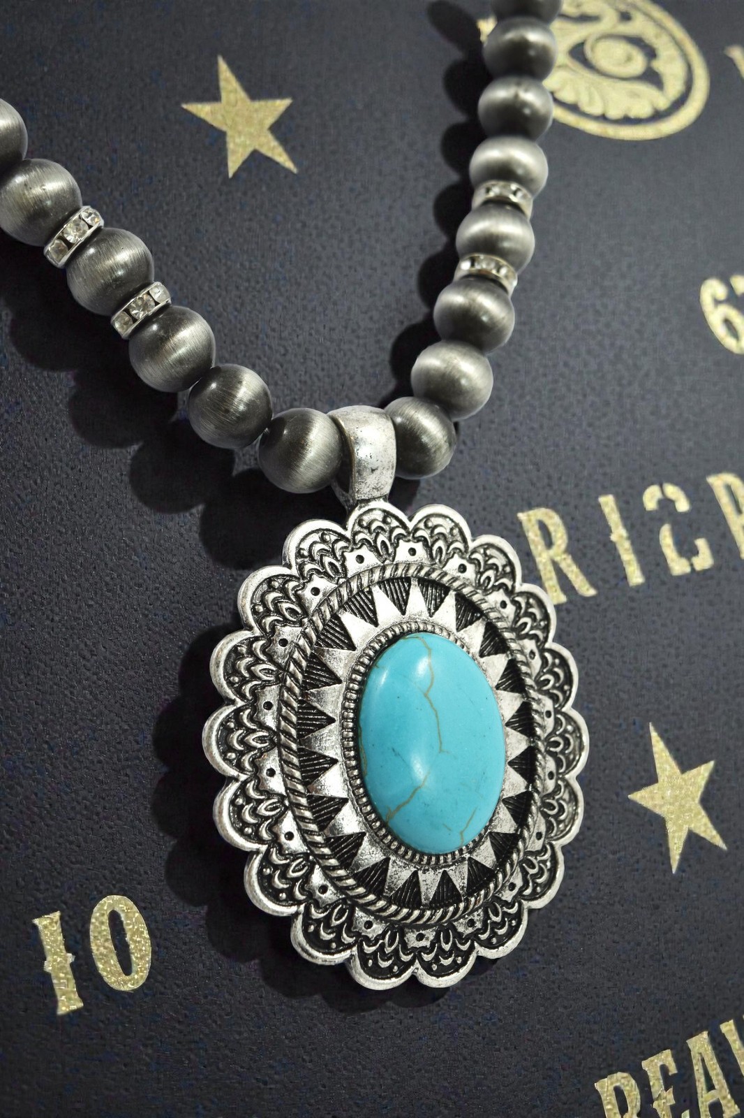 Cowgirl jewelry Boho Blue Faux Turquoise Pendant Necklace & Earrings Set For Her
