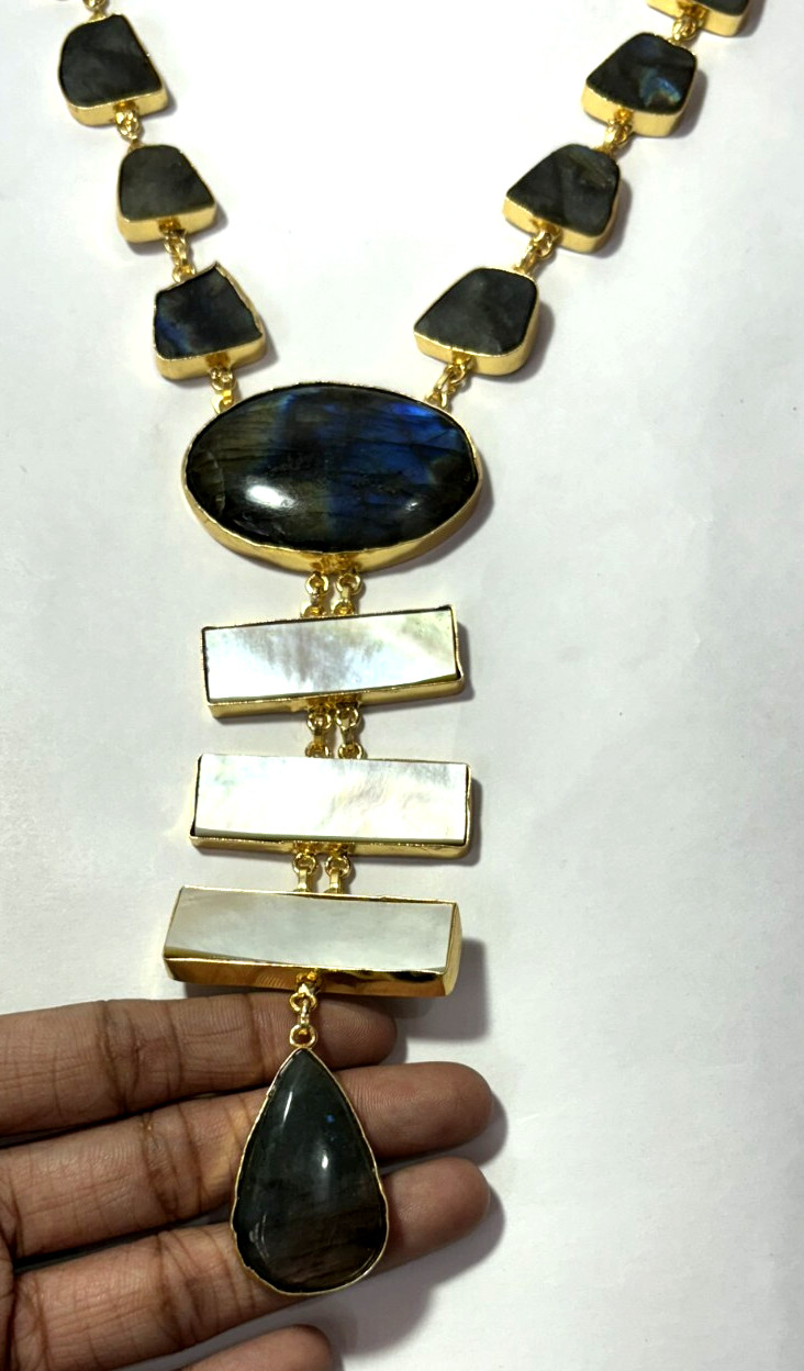 Natural Labouredite Rough Stone And mop Gemstone Necklace Gift For Her.