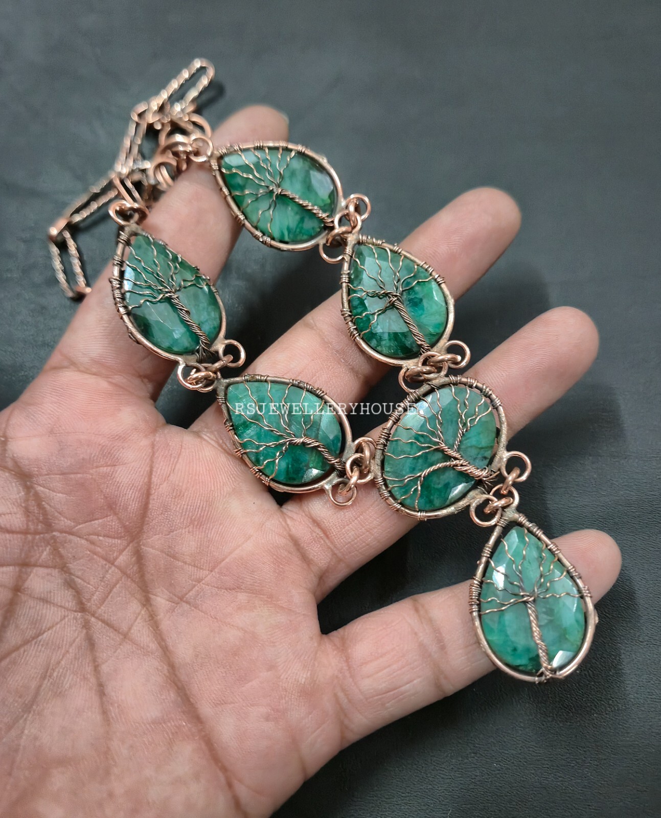 Tree Of Life Zambian Emerald Necklace Copper Wire Wrapped Handmade gift Necklace