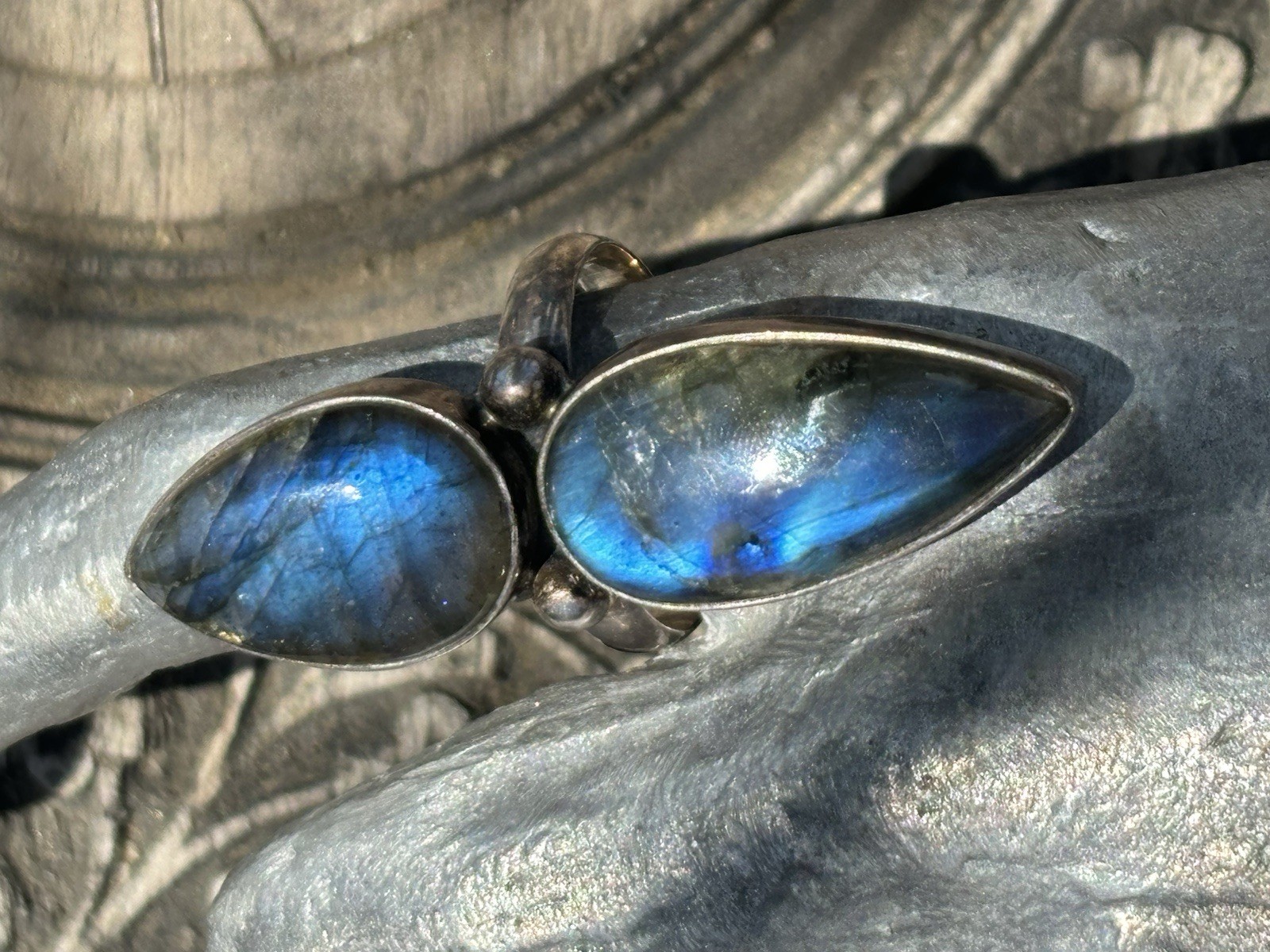 Double pear shaped labradorite gemstone silver ring size 9.25