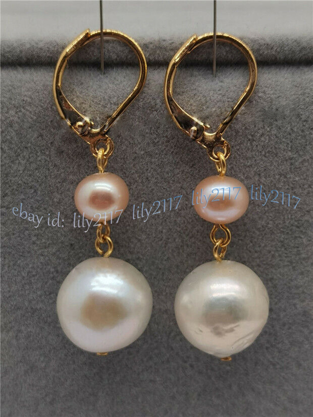 Real Natural White Pink South Sea Pearl Beads Dangle Leverback Earrings 14k Gold