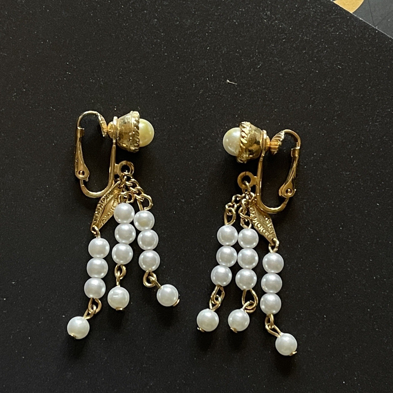 Vintage Faux Pearl Tassel Clip On Earrings Gold Tone Dangle Chandelier Statement