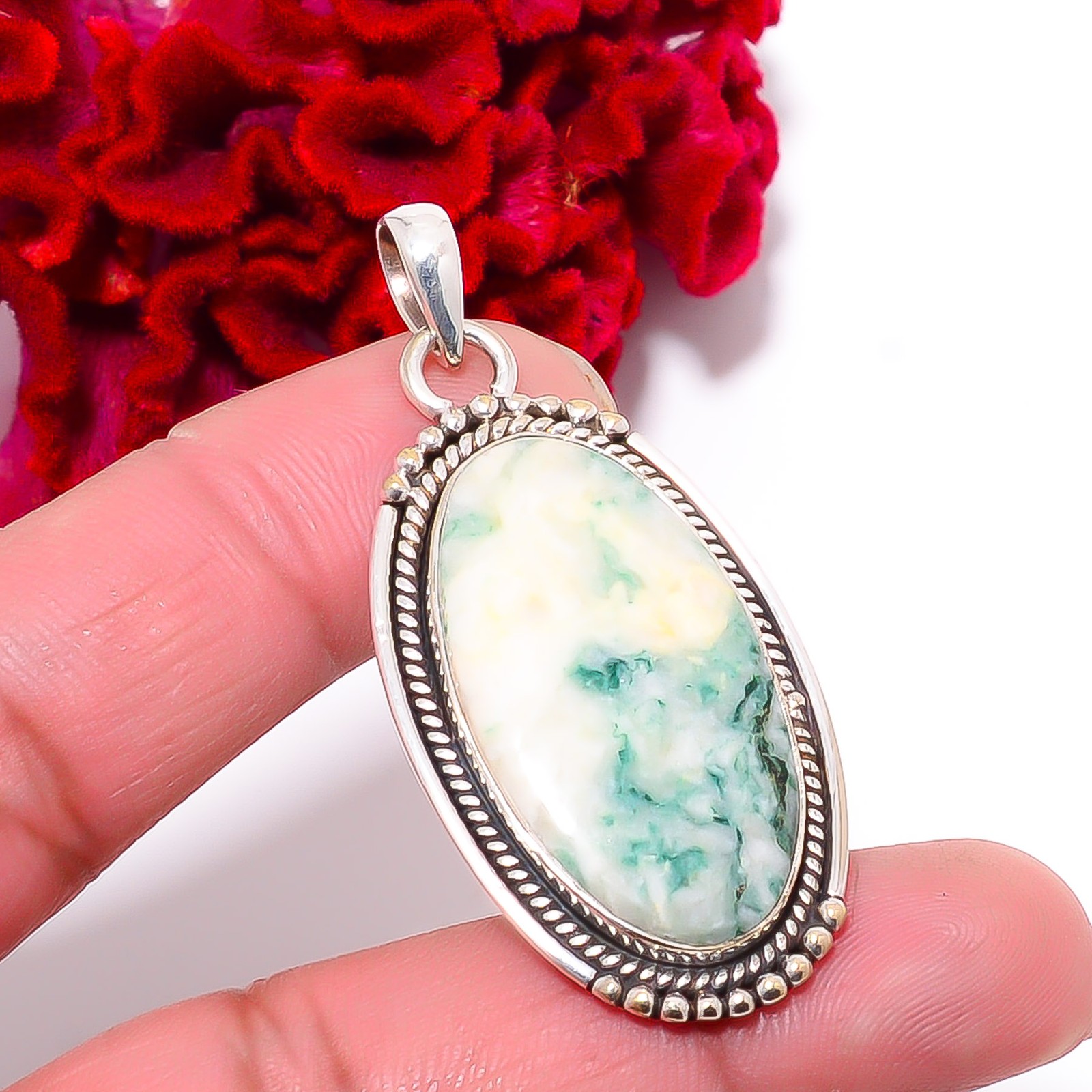 Moss Agate – India Designer Handmade 925 Sterling Silver Pendant 2.07″ P96673