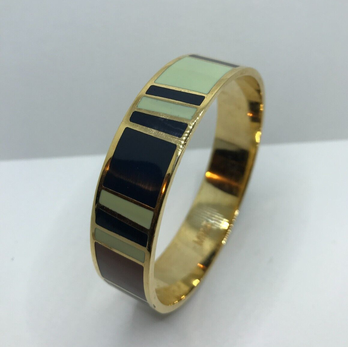 MMA Gold & Enamel Inlay Modernist Bangle Bracelet Green Brown Black