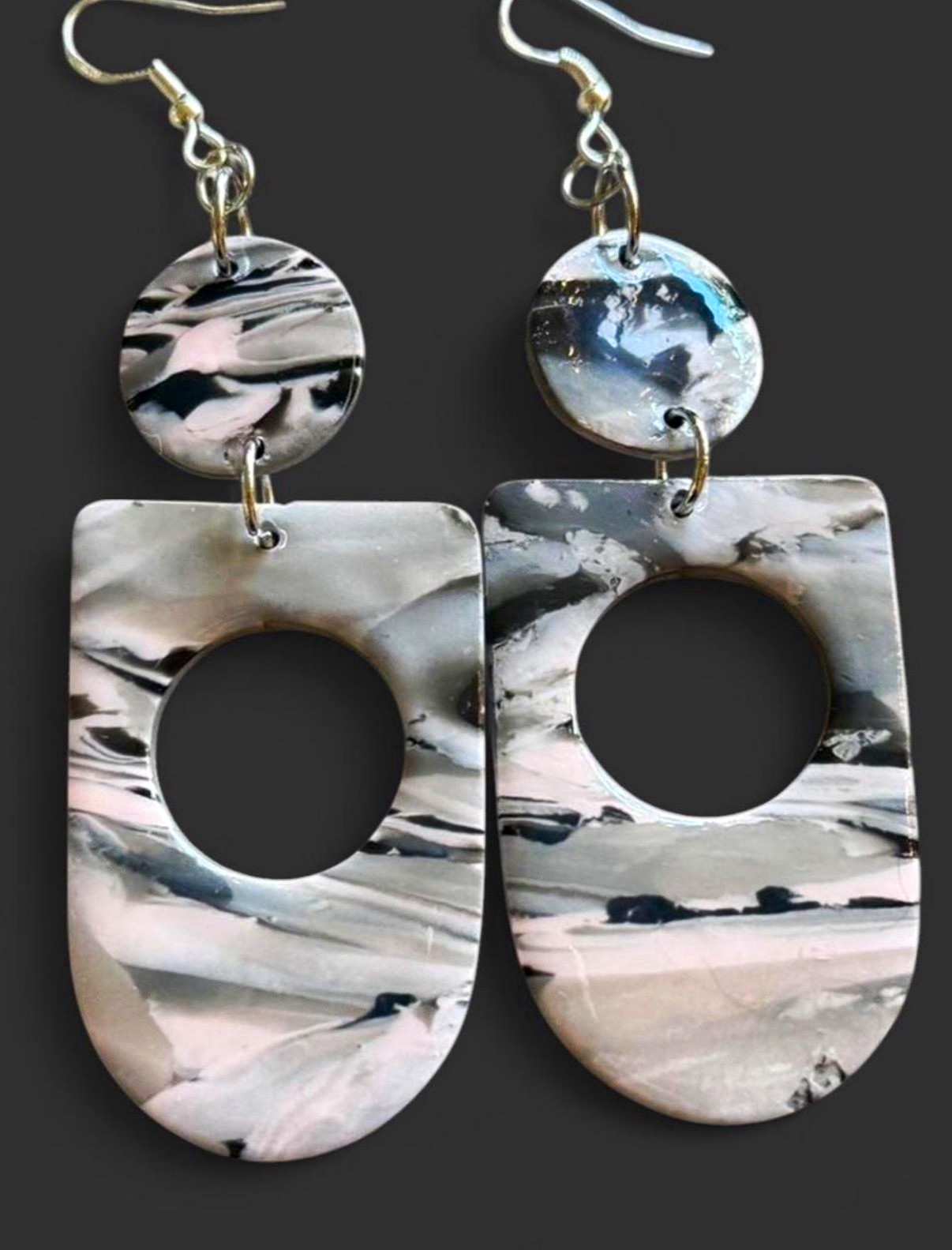 Marbled Smokey Grey and Pink Artisan Boho Earrings – Handcrafted Jewelry