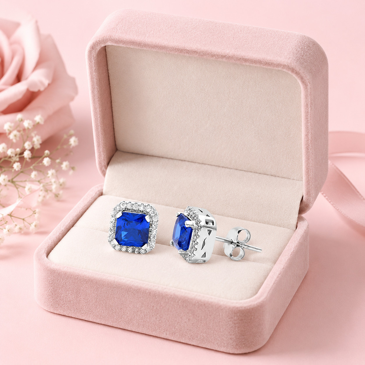 925 Sterling Silver Simulated Asscher Cut Blue Tanzanite/CZ Halo Stud Earrings